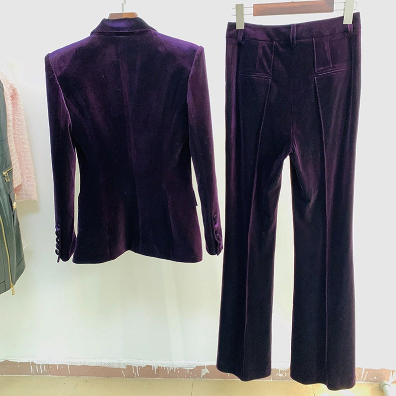 Women Velvet Dark Purple Blazer + Flare Trousers Suit  UK CUSTOMER SERVICE! Fashion Pioneer - Baby Blue Blazer Coat Fitted for Luxury Women's , Purple Velvet Soft, light and stretchy. This jacket comes with a full lining, soft and comfortable to Wear. Material: Polyester ,Slim fit and long Sleeves with buttons and two pockets. Great for casual, formal, business wear and other special events. Whether for a casual or a professional look, this suit blazer definitely makes you stunning. 