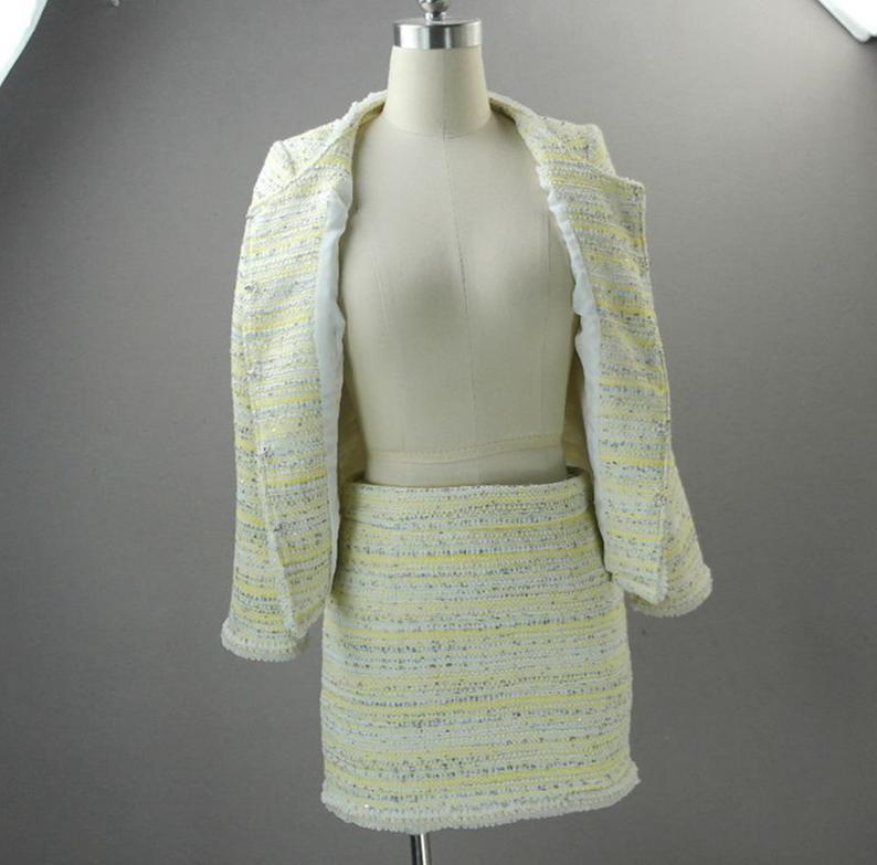 Custom Made Skirt Suit Women Sequined Yellow  UK CUSTOMER SERVICE! Custom Made Skirt Suit Women Sequined Yellow, can wear it for official use, ceremony and inauguration. All items are made to order. Please advise your height, weight and body measurements ( Bust, shoulder, Sleeves, Waist and Length etc). Our tailors will make the order for you!  Materials: Wool blend