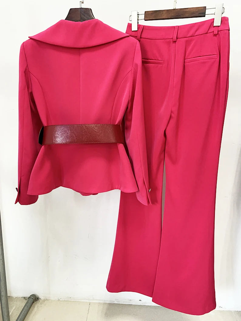 Women's Pink Belted Mid-length Jacket Coat Blazer+ Long Pants Trousers Suit Material: Cotton Blend Color: Pink Collar: Notch Lapel Sleeve: Long Sleeve Style: Blazer+Pants Design: Belted Occasion: Casual Garment Care: Hand-wash and Dry Clean Unique style, create a illusion for stunning curves, make you more beautiful, fashion, sexy and elegant. Package Content: 1 x Women Suit Set Size: There are 4 sizes (S/M/L/XL) available for the following listing.