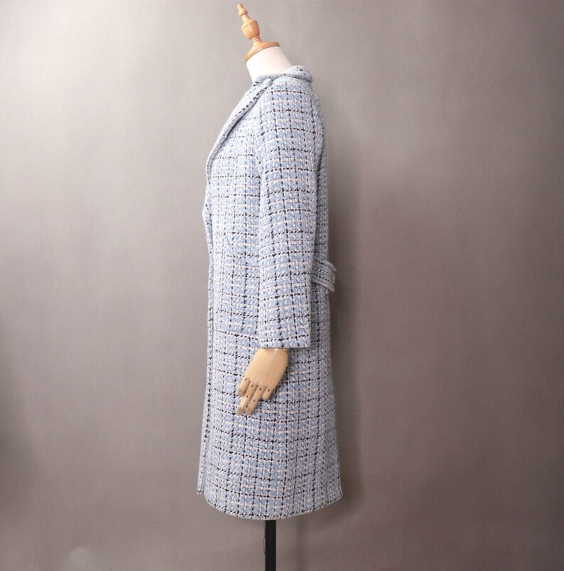 Women's Sky Blue Winter Checked Long Warm Coat  UK CUSTOMER SERVICE! Women's Sky Blue Winter Checked Long Warm Coat- Sky Blue warm coat can wear for Winter season and Autumn season. Feel comfort and elegant. All items are made to order. Please advise your height, weight and body measurements ( Bust, shoulder, Sleeves, Waist and Length etc). Our tailors will make the order for you!  Materials: Wool blend (20% Wool)