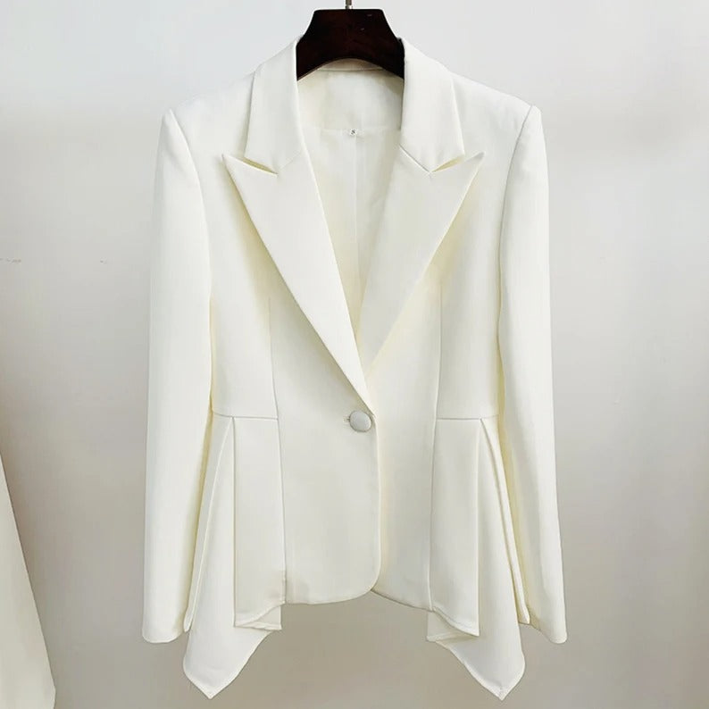 White Flare Asymmetrical Blazer + Trousers Floral Print Suit