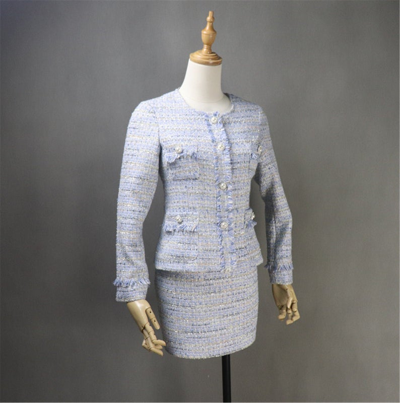 Women Custom Made Pearl Buttons Blue Tweed Skirt / Shorts Suit