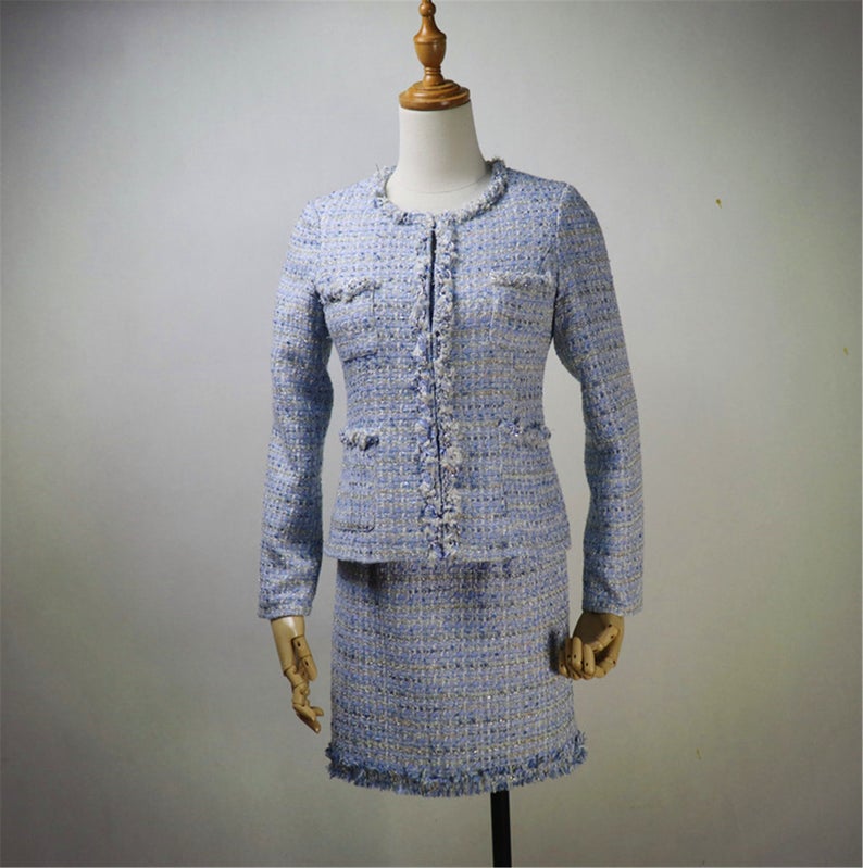Women Custom Made Check Tweed Blue Color Dress/Shorts/Skirt Suit