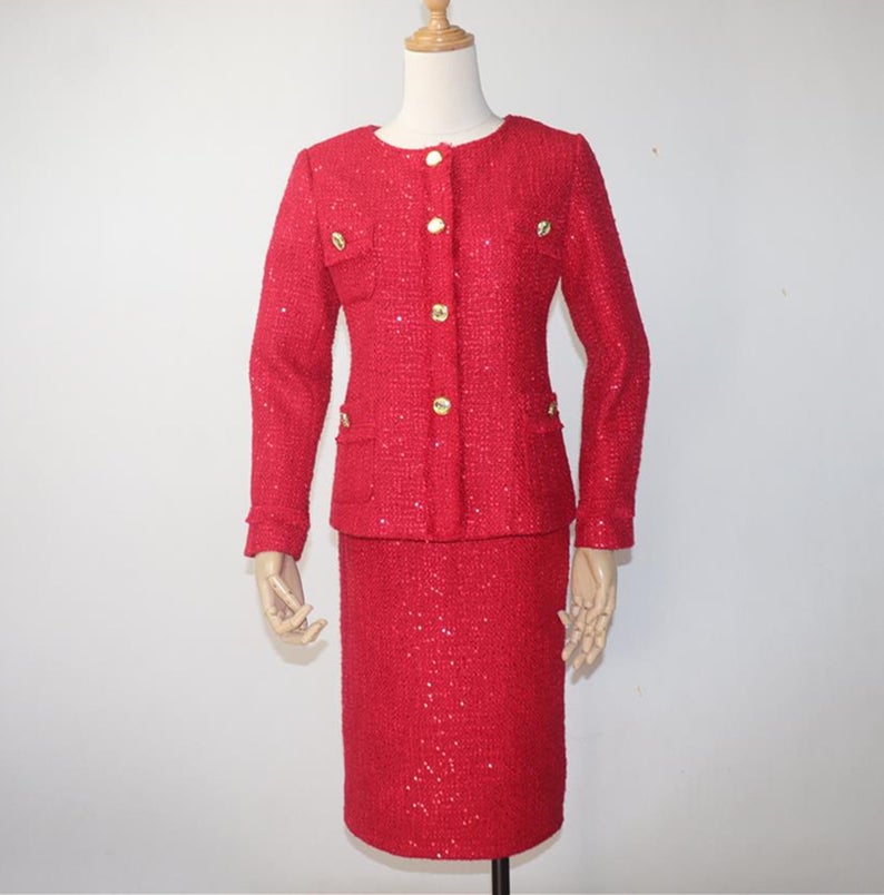 CUSTOM MADE Tweed Sequined Jacket Blazer+ Midi Skirts with a Belt 'Christmas Red'