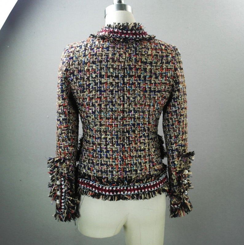 Women's Designer Inspired CUSTOM MADE Tassel Pearl Button Tweed Jacket Coat Blazer