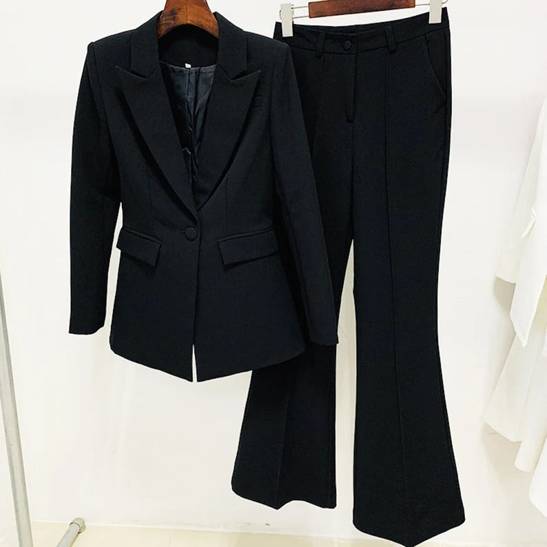 Women Black White One Button Blazer + Flare Trousers Suit - Sturdy, stain-resistant, and importantly more long-lasting, affordable than traditional soft leather. The jacket is easy to care for and with proper maintenance, this fabric will stay looking vivid and new for many years. This white suit is perfect for Wedding, Holidays, Parties and evening dinner. It is simple and classic. This piece will be a good investment for your wardrobe.