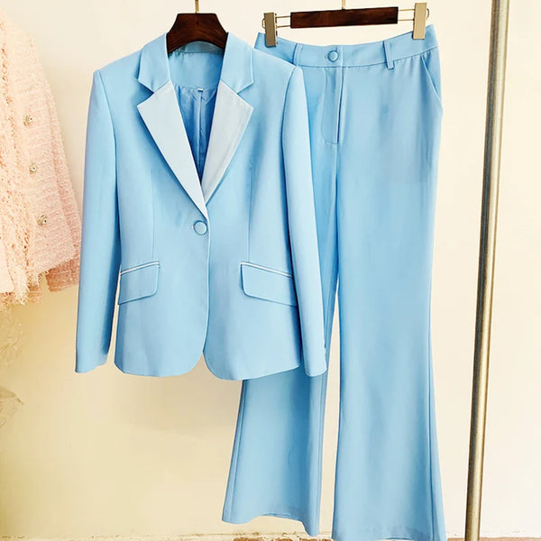 Light Blue White Color + Mid-High Rise Elastic WaistFlare Trousers Suit  Crash Blazer