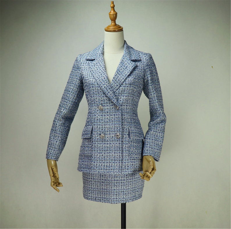 Custom Made Check Pattern Blue Tweed Blazer + Skirt/Shorts Suit