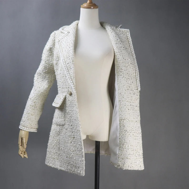 Women's CUSTOM MADE Chain Trim Golden Sparkle Tweed Coat Cream  UK CUSTOMER SERVICE!  Women's CUSTOM MADE Chain Trim Golden Sparkle Tweed Coat Cream-  Long Coat have unique style. Can worn for winter season, party wear, night out ,it has front pocket with sequinned design ,white buttons and Long Sleeves. You can feel more comfort and warm. Fully Lined and sharply tailored.   Made of comfortable and fantastic fabric, show off your charming curves.