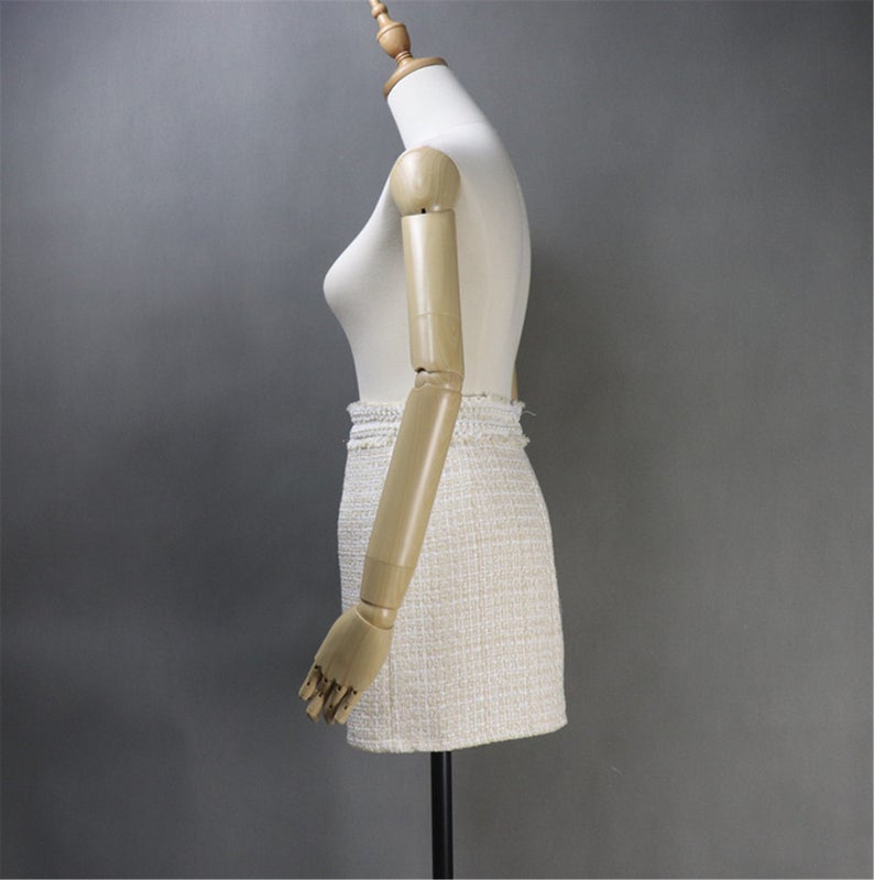Women CUSTOM  Made Tweed Pearl Decoration Beige Mini/ Midi Skirt