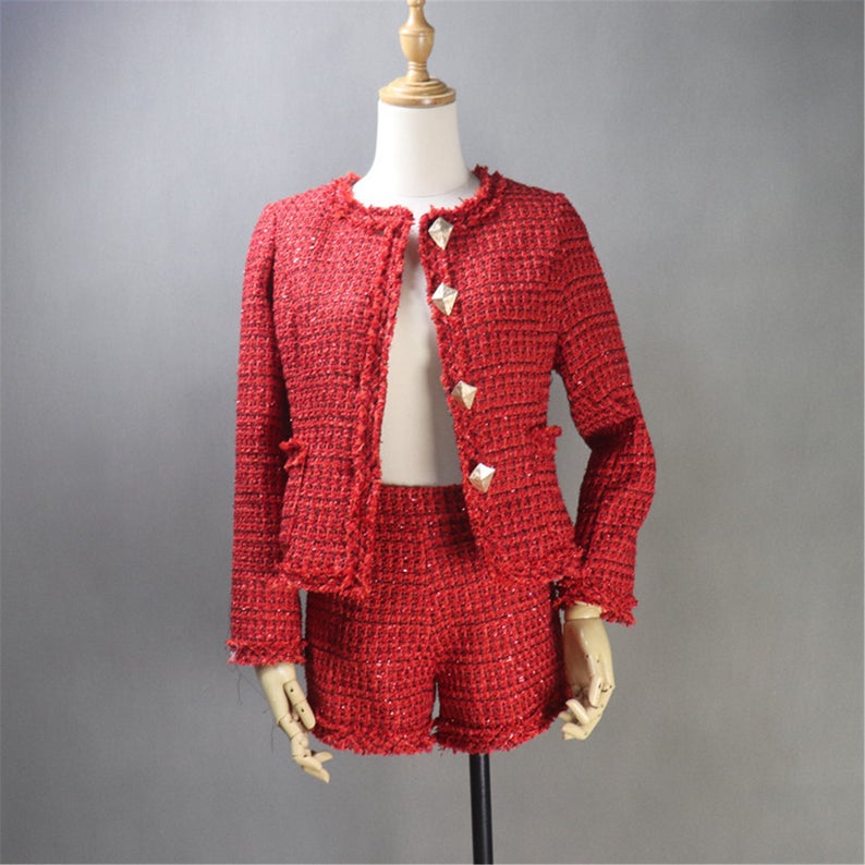 Custom Made Red Sparkle Threads Tweed Blazer Coat for Women  UK CUSTOMER SERVICE! Custom Made Red Sparkle Threads Tweed Blazer Coat - Custom Made red sparkle with front pocket, diamond cut buttons, Round neck and long sleeve. Can wear for night out ,party, evening wear for dinner, outside wear. We can offer Skirt, Shorts and Suits for women.