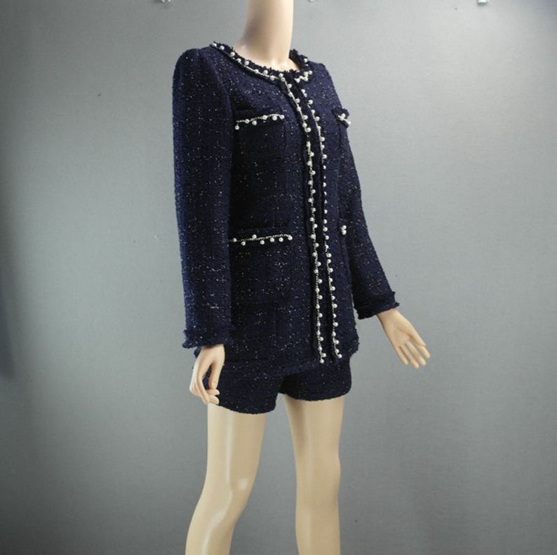 Womens Designer Inspired CUSTOM MADE Pearl Navy Jacket Coat Blazer+Shorts/Skirts