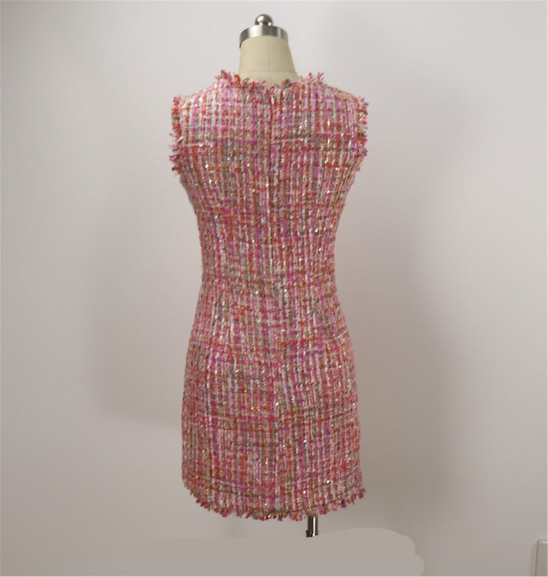 Women Custom Made Round Neck Sleeveless Tweed Sheath Dress Pink
