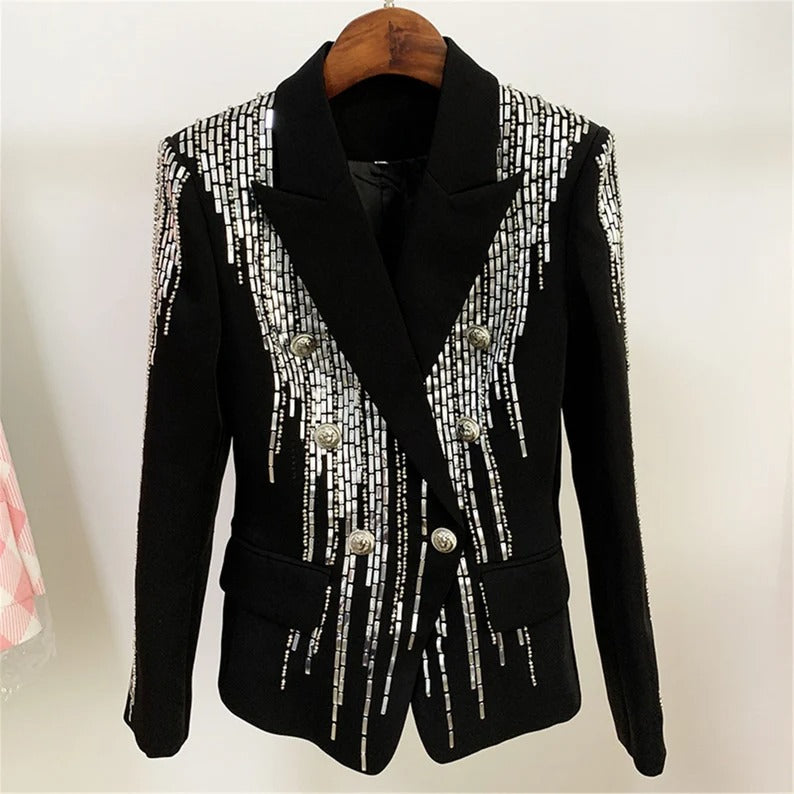 Black Fitted Blazer with Jewellery Embroidery