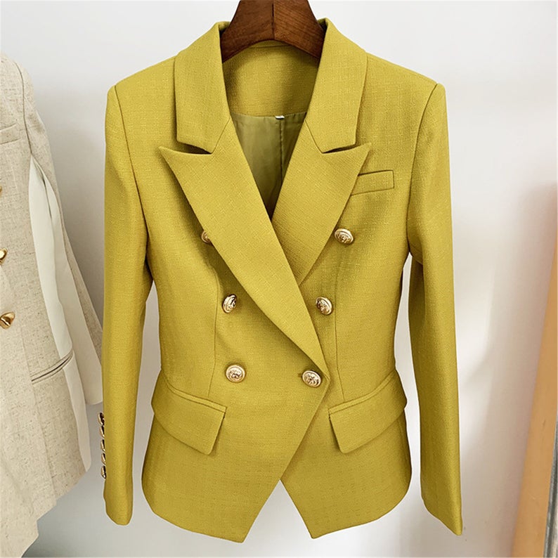 Women's Blazer Golden Lion Buttons Coat Green/ Yellow  UK CUSTOMER SERVICE! Women's Blazer Golden Lion Buttons Coat Green/ Yellow, can worn for interview , college inauguration, ceremony, official sites. Decorative buttons at the cuffs, and Lined. Size: UK 4-14/ EU 32-42/ US 0-10