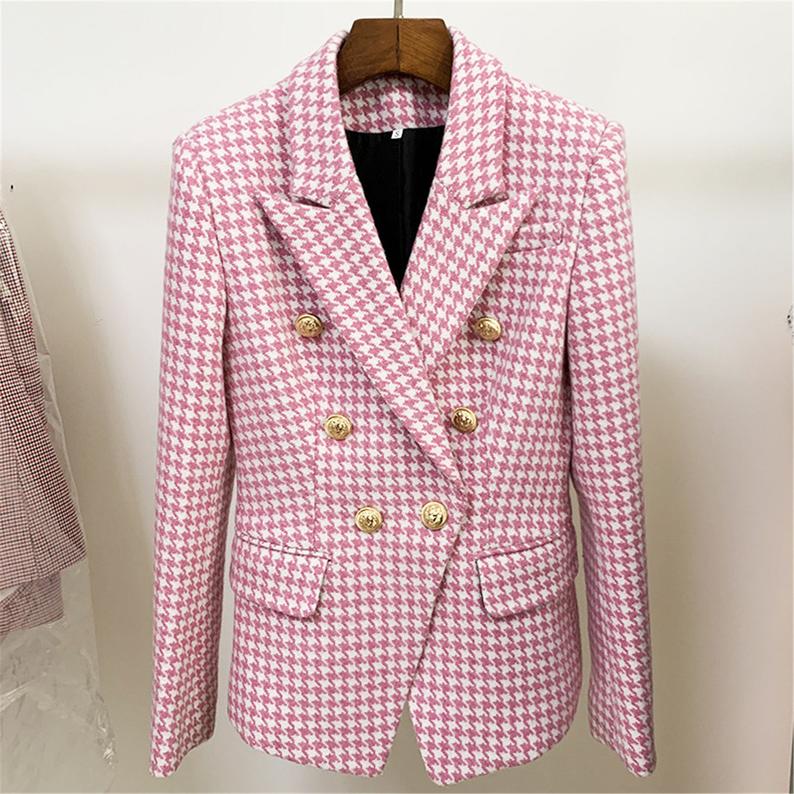  Women's Designer Inspired Pink Checked Fitted Blazer Coat  UK CUSTOMER SERVICE!   Women's Designer Inspired Pink Checked Fitted Blazer Coat -This pink and white  checked blazer proves that power suiting can also be pretty. It's made from houndsooth cotton-blend tweed with a full lining for a comfortable feel. Padded shoulders and crest buttons add a sharp tailoring note. Dry Cleaning. Fully lined