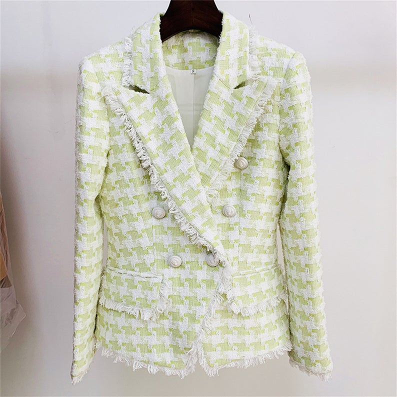 Green Blazer Checked Tweed Unique Style For Women  UK CUSTOMER SERVICE!  Green Blazer Checked Tweed Unique Style For Women-  Board of wearing same style of Blazer?.We have unique style Blazer with Shorts. Top Quality. Designed with front tassel. This double breasted blazer is a chic trans-seasonal wardrobe essential. Designed to create a sharp tailored silhouette worn open or closed. Fully lined with a luxury stretch lining for extra comfort.
