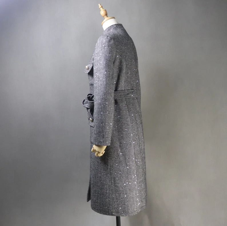 Women's Winter Tailor MADE Sequinned Tweed Belted Long Warm Trench Coat Grey  UK CUSTOMER SERVICE!  Women's Winter Tailor MADE Sequinned Tweed Belted Long Warm Trench Coat Grey- Grey warm coat can wear for Winter season and Autumn season. Feel comfort and elegant.  Sequinned Style Long Sleeves Long belt Front pocket Pearl Button Collar type Neck