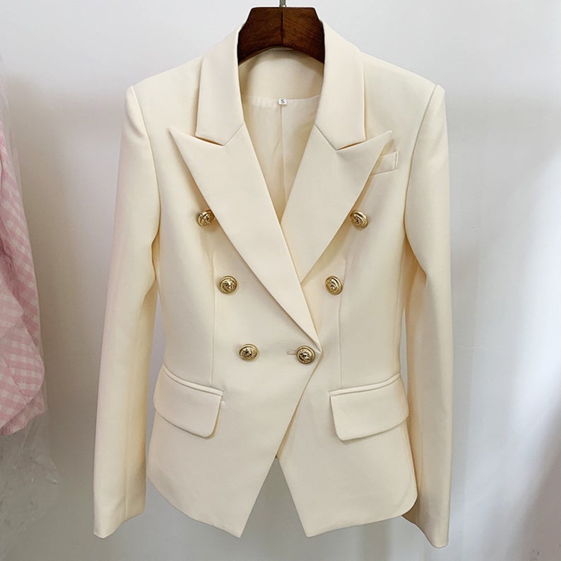 Women's Fitted Blazer Golden Lion Buttons Luxury Coat Cream Colour  UK CUSTOMER SERVICE! Women's Fitted Blazer Golden Lion Buttons Luxury Coat Cream Colour, can worn for interview, ceremony ,official use and college inauguration. Its dry cleaning and no Machine wash. Size: UK 4-14/ EU 32-42/ US 0-10