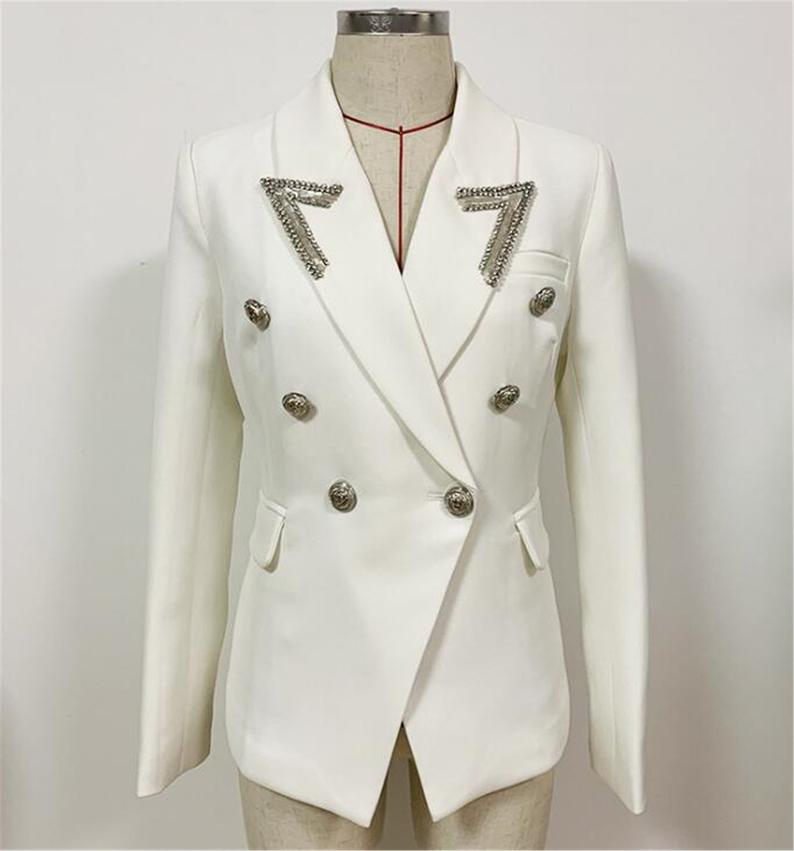 Women's White Blazer Jewellery Embroidery Silver Lion Buttons Fitted Jacket  UK CUSTOMER SERVICE! Women's White Blazer Jewellery Embroidery Silver Lion Buttons Fitted Jacket, This classic-cut jacket features a notched collar, silver double-breasted closure and plenty of chic style. Basic collar blazer jacket for women, classic design, two functional flap pockets, fully lined. Single front button, solid or fashion plaid colour, slim fit, easily paired with your pants, skirts, jean leggings.