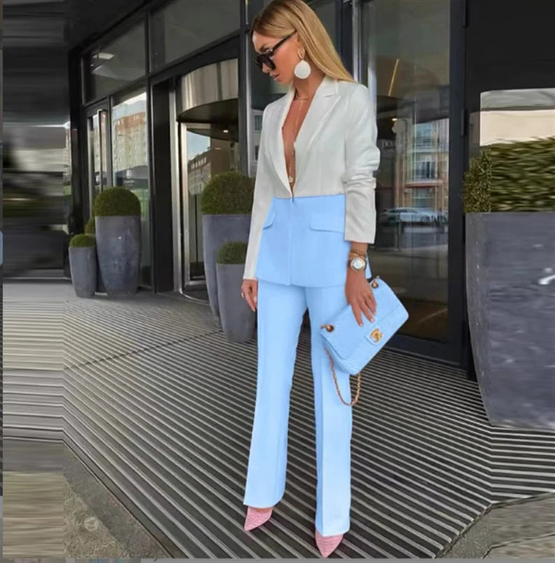 Women Light Pink / Light Blue White Color Crash Blazer + Mid-High Rise  Elastic WaistFlare Trousers Suit