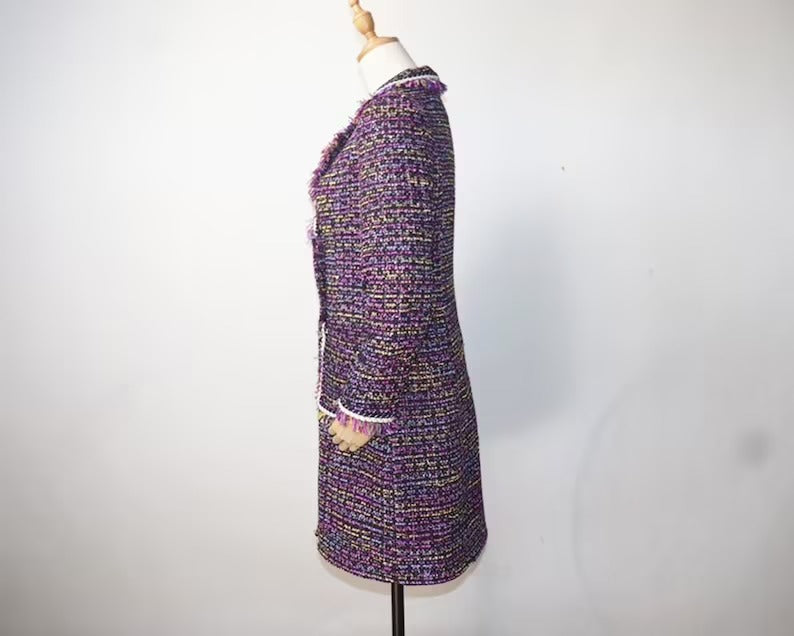 Women Tweed Wool Blend Sequined Purple Multi-color Coat Outwear
