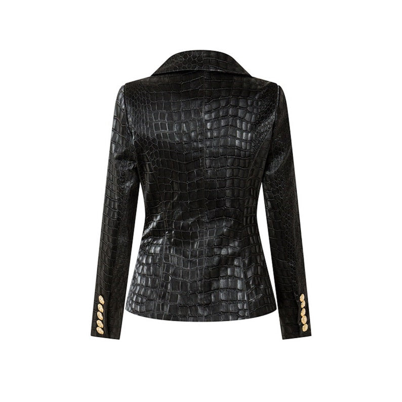 Women's Faux Black Crocodile Leather Fitted Blazer Jacket  UK CUSTOMER SERVICE!  Fashion Pioneer -Women's Faux Black Crocodile Leather Fitted Blazer Jacket ,This women leather jacket is crafted in high grade leather - beautifully soft touch & supple. This jacket featured with high quality material and premium stitching to make it a more comfortable outfit. Fully lined, Zip, Front button design and Belt. Contoured panels for a feminine shape and double stitch detailing. 