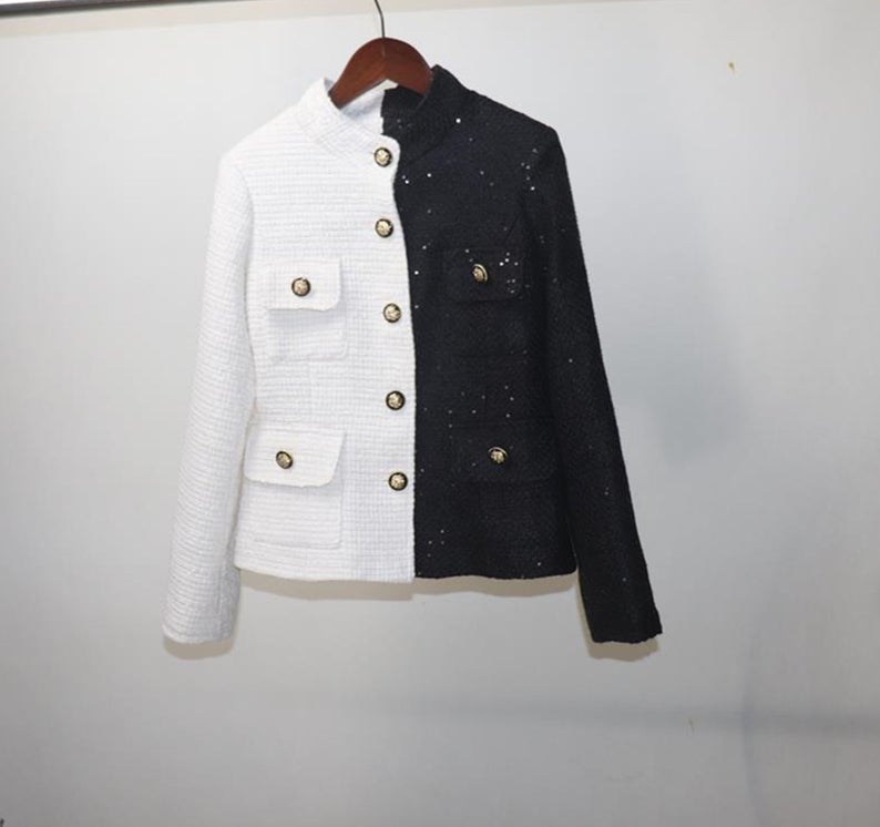 Women's Designer Inspired CUSTOM MADE Hand Made Sequined Tweed High Neck Jacket Coat Blazer + Skirt - Fashion Pioneer 
