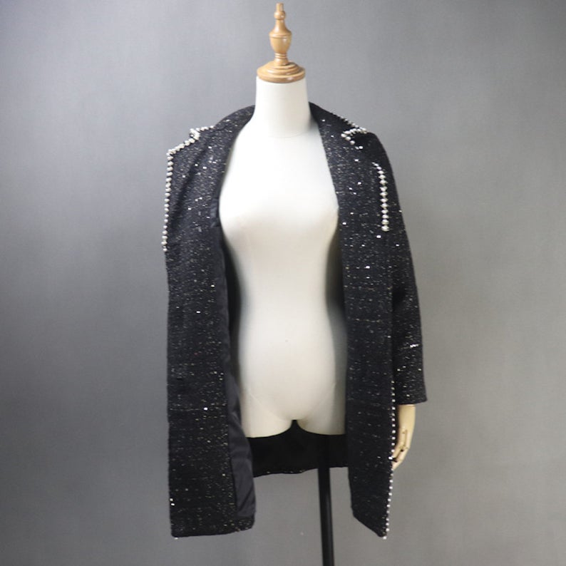 ailor Made Tweed Pearls Black Blazer Mid Length / Long Sequinned Coat for Women  UK CUSTOMER SERVICE! Tailor Made Tweed Pearls Black Blazer Mid Length / Long Sequinned Coat for Women, can worn for ceremony, inauguration and official use. Its no machine washable, dry cleaning and feel more comfort to wear. All items are made to order. Please advise your height, weight and body measurements ( Bust, shoulder, Sleeves, Waist and Length etc). Our tailors will make the order for you! HandMade Materials: Tweed
