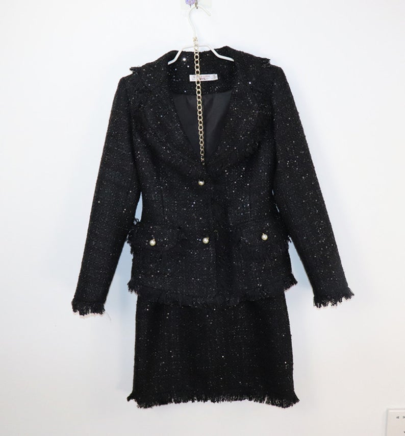 Women Designer Inspired Custom Sequined Tweed Tassel Fringe Skirt Suit