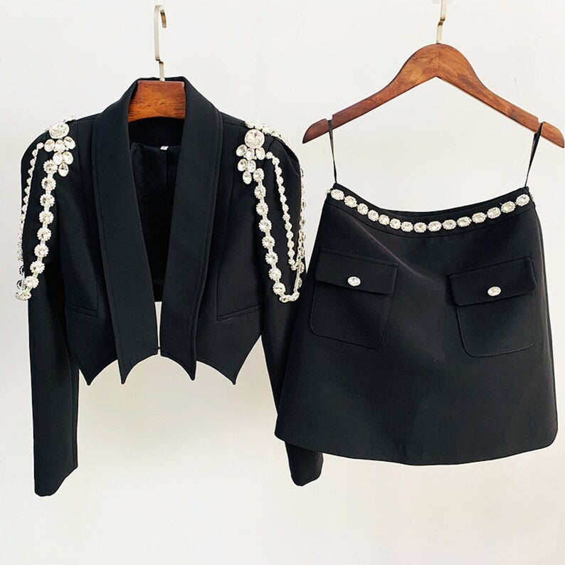 Jewellery Decoration Crop Blazer + Mini Skirt Suit Black/White