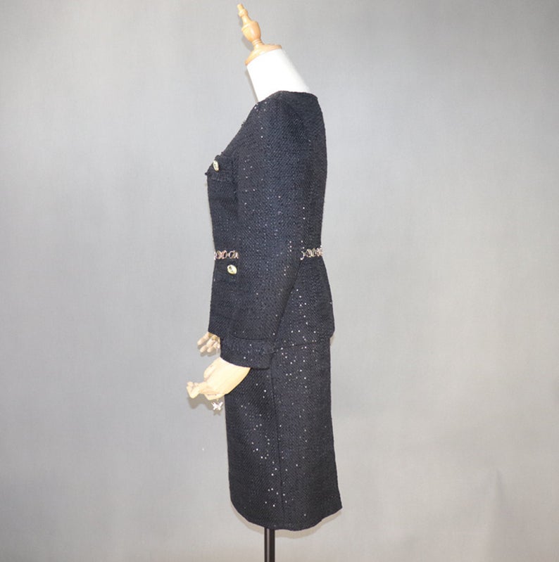 Women Designer Inspired CUSTOM MADE Tweed Sequined Jacket Coat Blazer+ Midi Skirts with a Belt