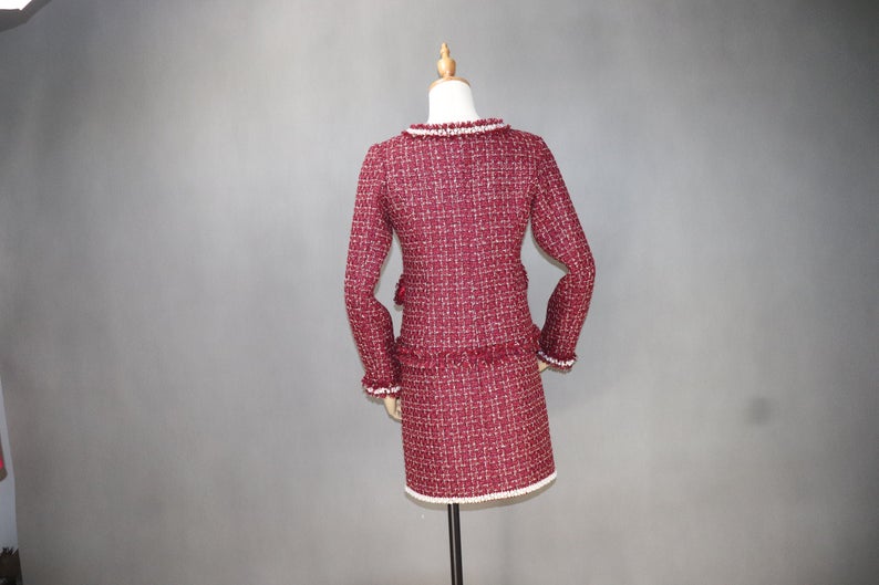 Bespoke Tailor Made Tweed Pearls Sparkle Blazer + Skirt for Women  -  Made from the finest quality tweed, this custom  tweed jacket boasts a classic cut, generous detailing, and impeccable attention to detail, making it a must-have in every  wardrobe. Pearl designed, front pocket ,long sleeves, also our tailor is ready to make perfect design as per customer requirement