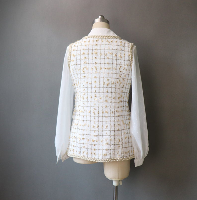 Women's Designer Inspired CUSTOM MADE Golden Check Pattern Tweed Vest Gilet