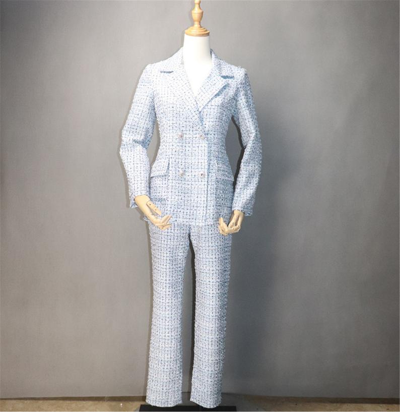 Custom Made Check Pattern Blue Tweed Blazer + Trousers Suit