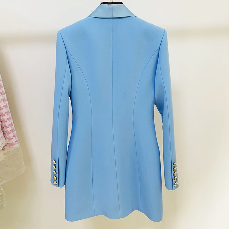  Long Blazer Sky Blue Golden Buttons Shawl Collar for Women's Designer Inspired  UK CUSTOMER SERVICE!  Long Blazer Sky Blue Golden Buttons Shawl Collar for Women's Designer Inspired, can worn for interview, outside wear, official use and college inauguration. Size: UK 4-14/ EU 32-42/ US 0-10