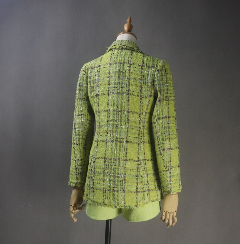 Green Women's Tailor-Made Checked Double Breasted Tassel Fringe Tweed Blazer Coat+Skirt/Shorts Suit  Find your ideal fit with women's clothes that has been hand-picked to fit your specific style and size. "More Than 10% Additional Discount when you buy both  Jacket  +Skirt or Jacket + Shorts The colour green is ideal for the Spring/Summer season. Make sure your traditional business jacket never goes out of style. It can also be worn with jeans for a casual outing or an evening jacket.