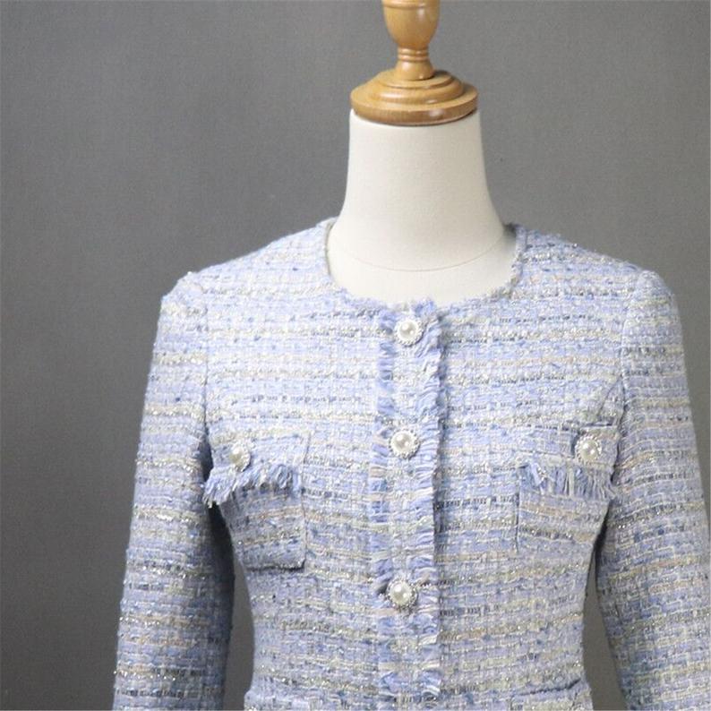 Women Custom Made Pearl Buttons Blue Tweed Skirt / Shorts Suit