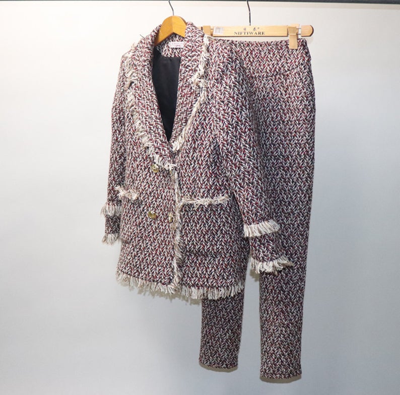 Women's Designer Inspired CUSTOM MADE Tassel Tweed Jacket Coat Blazer+Trousers