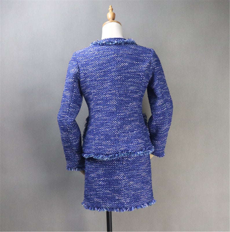 Women CUSTOM MADE Tweed Tassel Fringe Jacket Coat Blazer+ Skirts Royal Blue  UK CUSTOMER SERVICE!  All of our suits can be made with a Skirt or a pair of Shorts or Trousers.  All items are made to order with very experienced tailors. Please advise your height, weight and body measurements ( Bust, shoulder, Sleeves, Waist and Length etc). Our tailors will make the order for you!  Materials: tweed