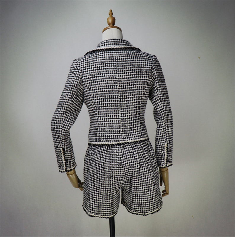 Custom Made Checked Pattern Tweed Crop Blazer + Shorts/Skirt Suit