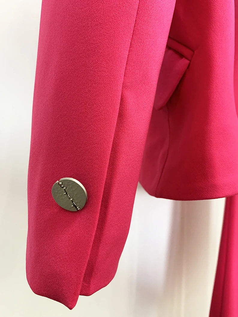 Women's Pink Belted Mid-length Jacket Coat Blazer+ Long Pants Trousers