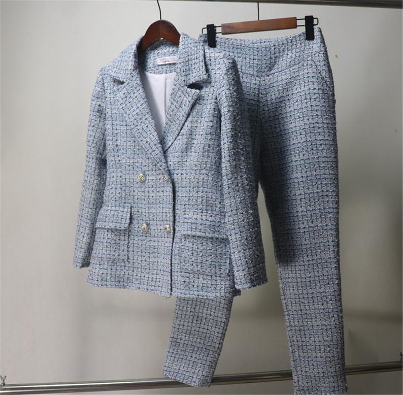 Custom Made Check Pattern Blue Tweed Blazer + Trousers Suit