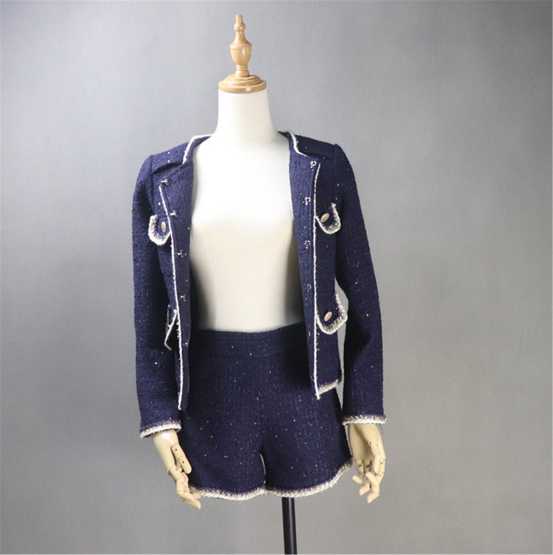 Custom Made Navy Blazer Coat+ Skirt / Shorts Suit Sequined Tweed for Women  UK CUSTOMER SERVICE!  All items are made to order. Please advise your height, weight and body measurements ( Bust, shoulder, Sleeves, Waist and Length etc). Our tailors will make the order for you!  Materials: Tweed