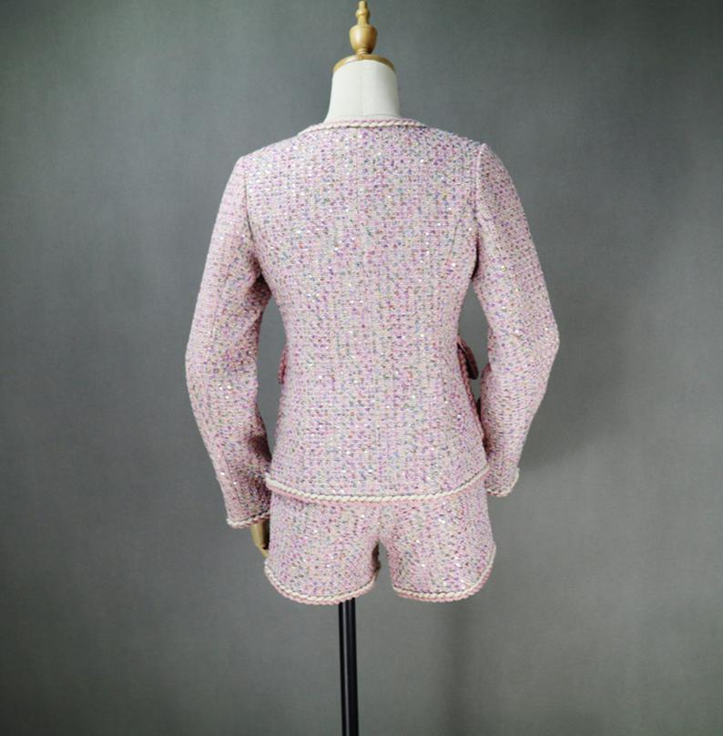 Womens Designer Inspired Big Pockets Custom Made Sequined Tweed Shorts/Skirt Suit Pink