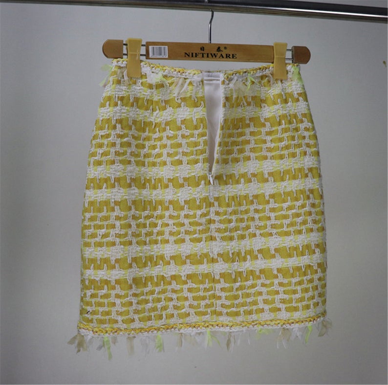 Womens Designer Inspired Custom Made Yellow Tweed Blazer + Skirt Suit