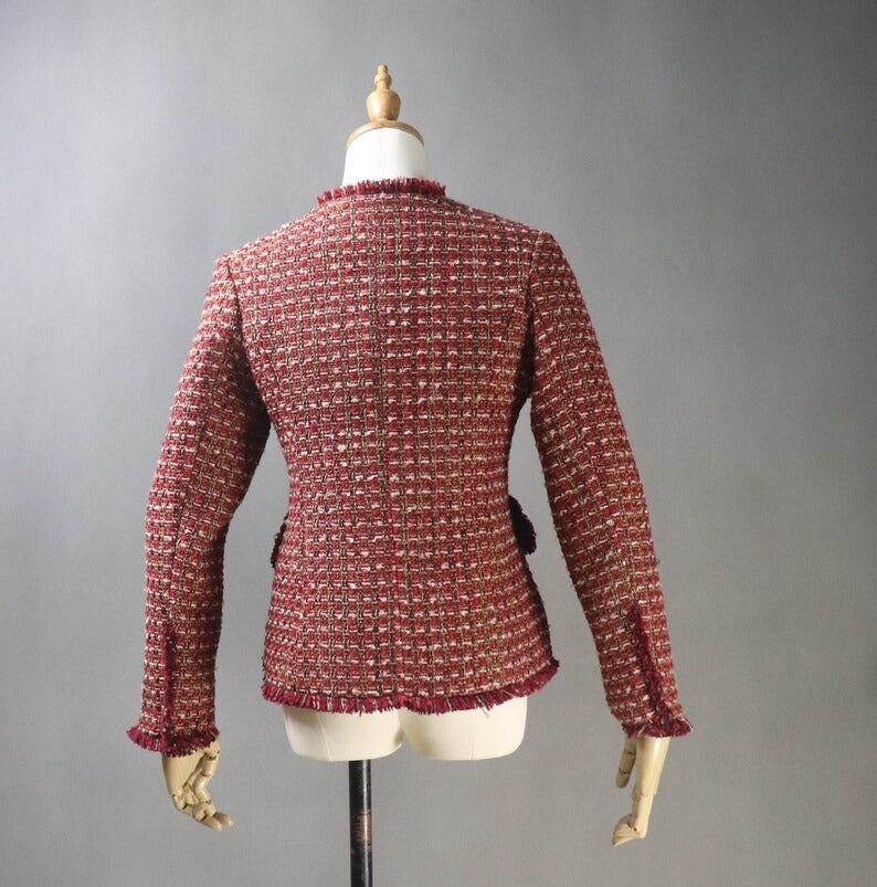 Women's HandMade Dark Red Tweed Jacket Coat Blazer   UK CUSTOMER SERVICE! Women's HandMade Dark Red Tweed Jacket Coat Blazer -We offer Shorts, Skirts, Trousers for the suit. Long Sleeves with pockets, Dry Cleaning. Tailored Fit With Red tweed Detailing, Perfect For Any Smart Casual Or Formal Occasion.