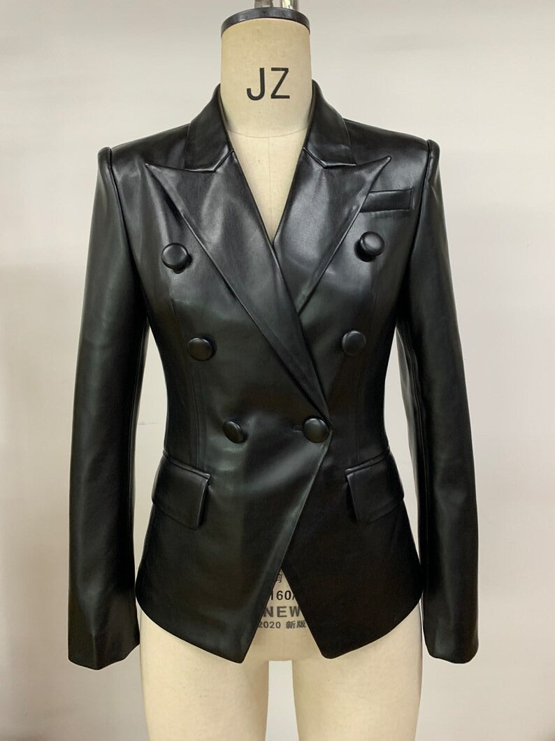Women's Faux Leather Black Fitted Blazer + Skirt Black,  your go-to for all the latest trends, no matter who you are, where you’re from and what you’re up to. Elevate your look with this must-have blazer. Featuring a black faux leather material with a drop collar and an open front design. Team this with a simple crop top, faux leather bottoms and chunky boots for a combo that's sure to have all eyes on you for all the right reasons.