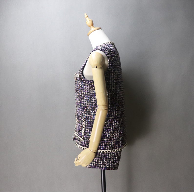 Women's Designer gilet Asymmetric Trim Pockets Tweed Vest + Shorts
