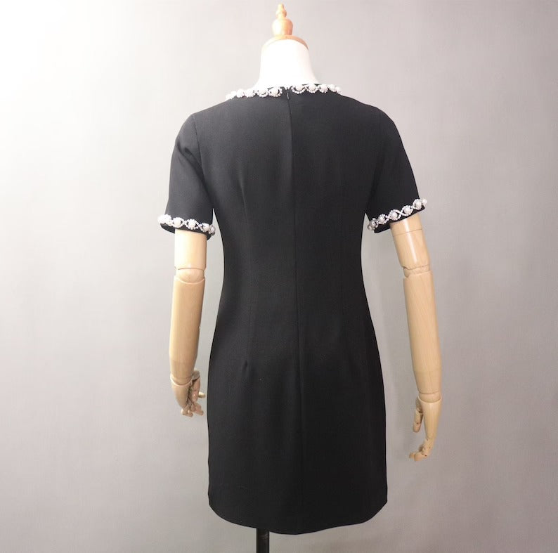 Women's Tailor Custom Made Pearl Jewellery Decoration Dress Black UK CUSTOMER SERVICE!  Women's Tailor Custom Made Pearl Jewellery Decoration Dress Black - Round neck with pearl decorated design. Half selves with simple wrap waist design, and useful for nearly any occasion. Short sleeve, Round neck, floral patterned with both side pockets design, breathable, skin-touch, makes you feeling relaxed and comfortable.  All items are made to order. Please advise your height, weight and body measurements